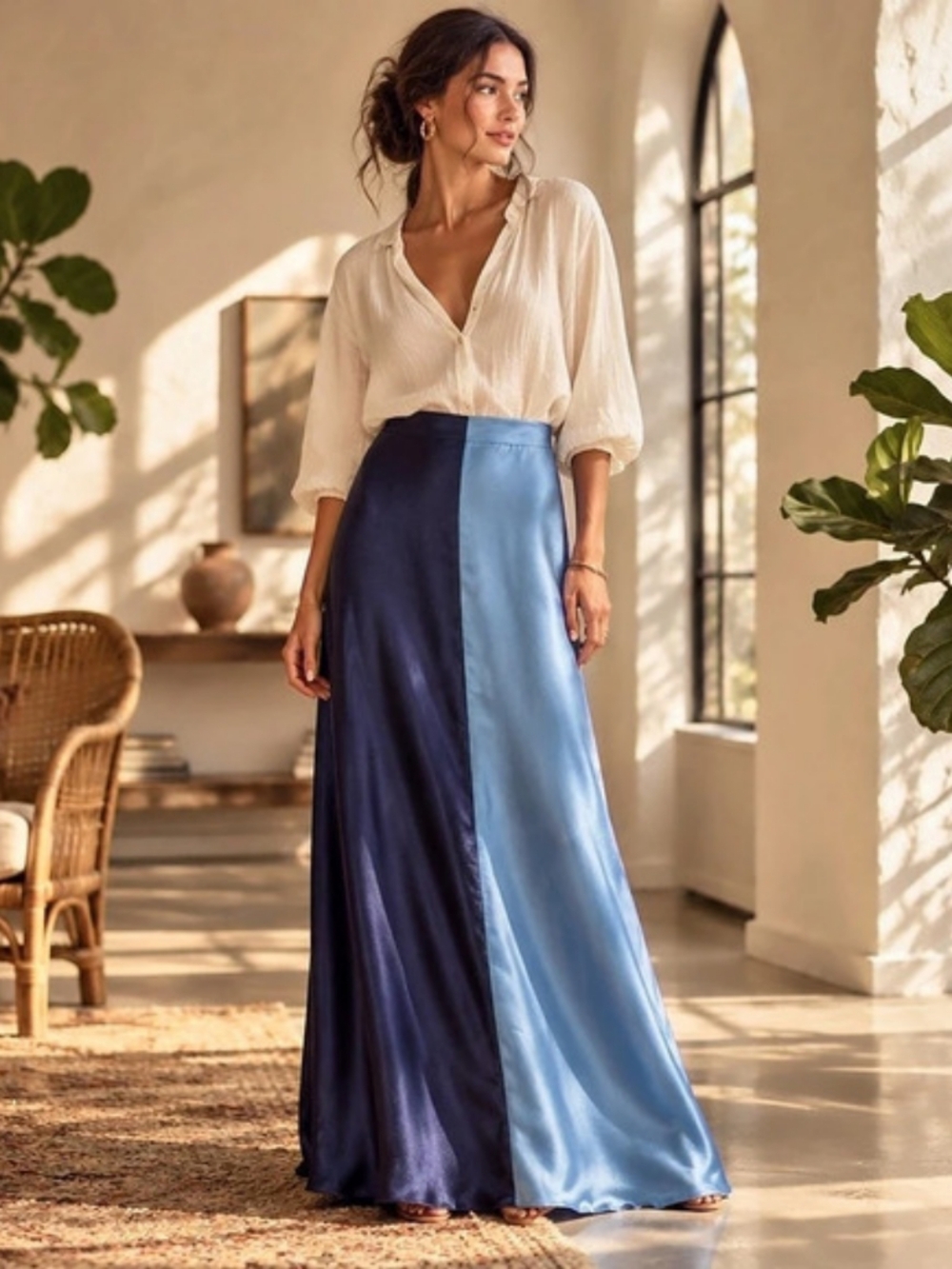 Anthropologie Color Block Maxi Skirt Blue & Navy 60Size Large Like New